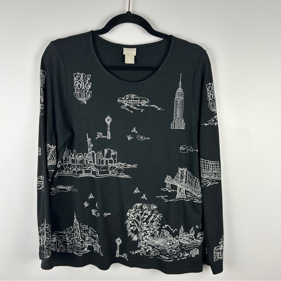 Chico's Embroidered Scenic Long Sleeve Cotton Modal Tee Medium Black - Picture 4 of 14
